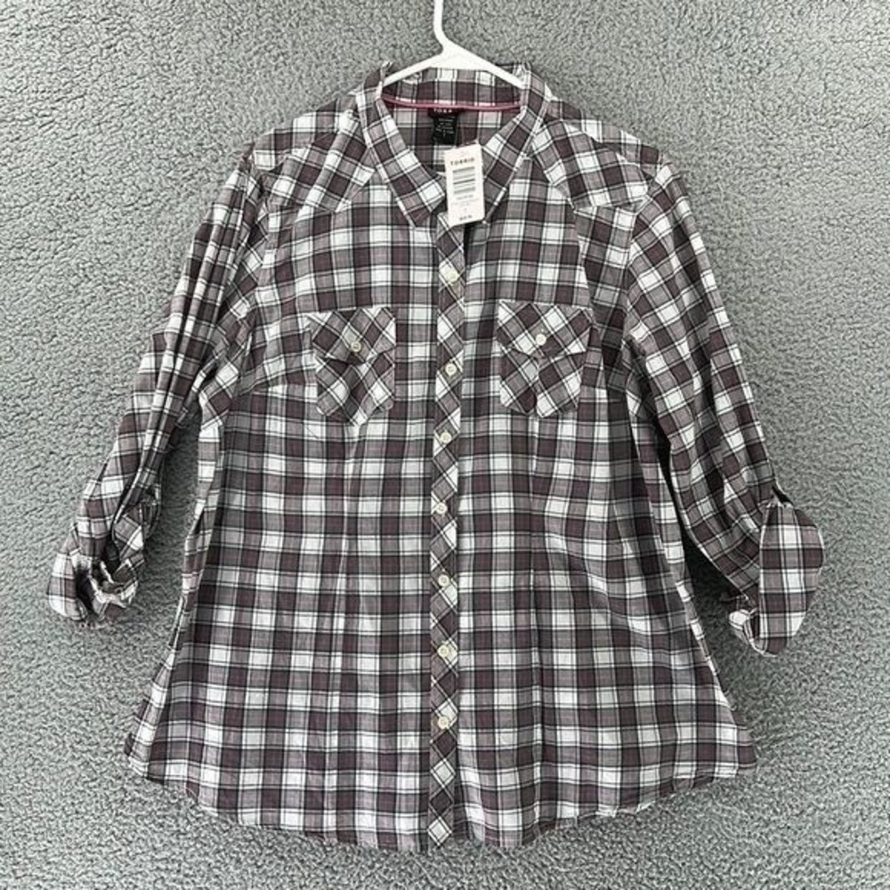 Torrid Womens Size 1 Grey Pink Plaid Cotton Roll Tab Sleeve Camp Shirt NWT